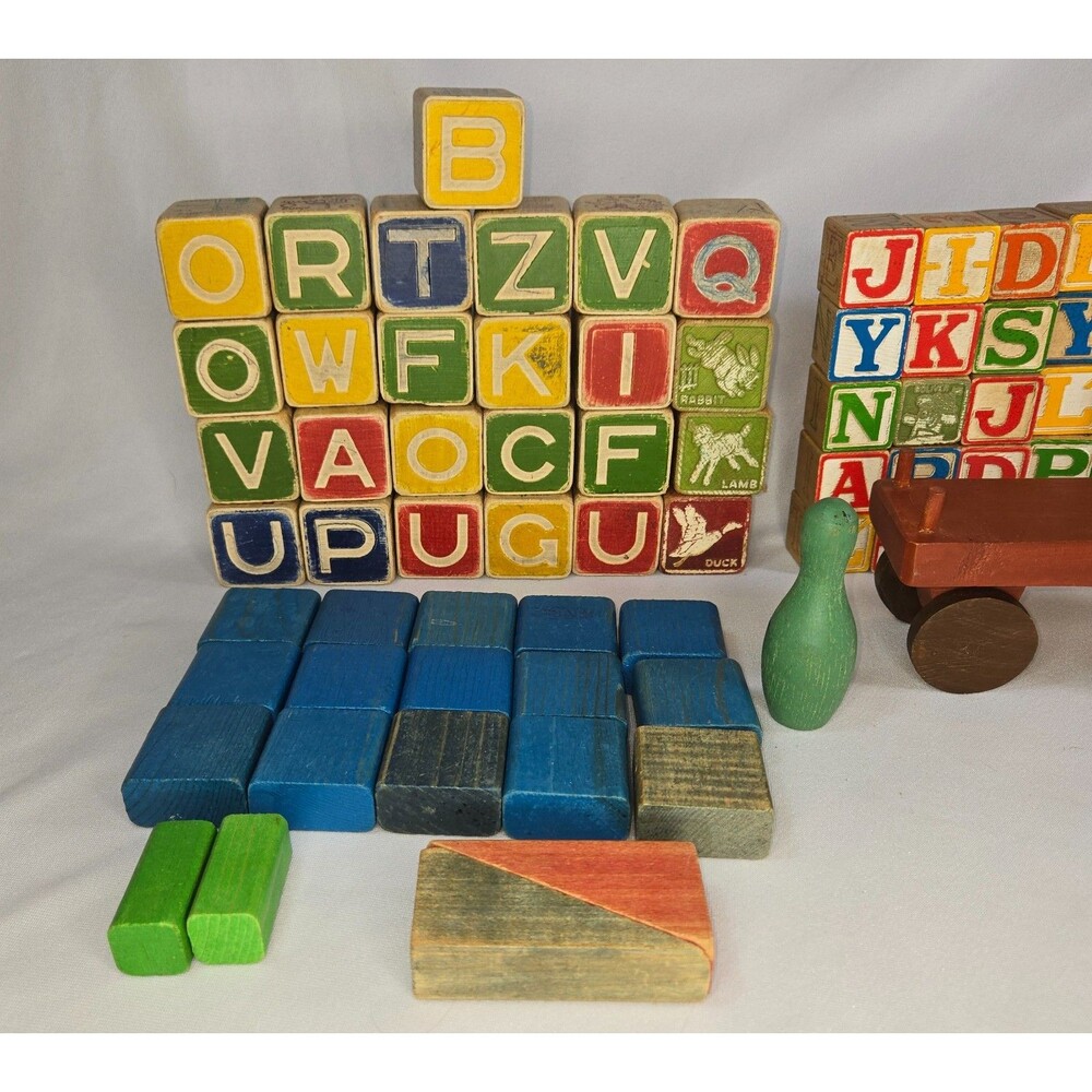 Vintage Letter Character Wood Block Truck Car Lot 110 Blocks 2 Cars Raggedy Ann - Picture 13 of 16